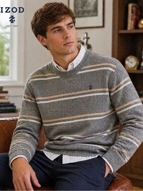 IZOD Stripe Crewneck Sweater Mens Medium Gray Carbon Heather Classic Preppy